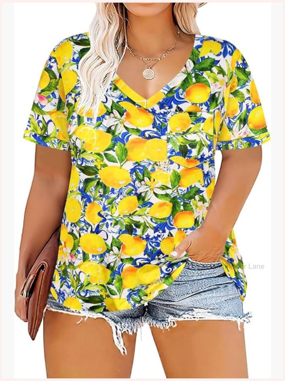 Women's Yellow Lemon Print V-Neck Short Sleeve Tee